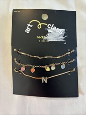 Art Class 3-piece Necklace Set - Gold Tone/Colorful Hearts/N Initial - NEW