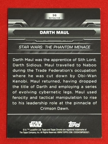 2024 Topps Chrome Black Star Wars #98 Darth Maul Rainbow Refractor /199 - Picture 2 of 2