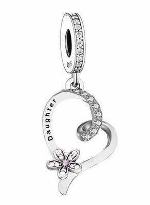 TOCHTER & FUNKELNDES GÄNSEBLÜMCHEN HERZ CHARM   ECHT 925 STERLING SILBER GESCHENK