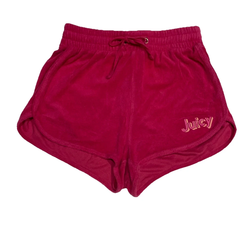 Pantalones Cortos Juicy Couture Terry Cloth Rosa Caliente Botín Playa Años 90 Y2K Talla XS Cordón Foto 2 de 4