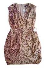 Express Women Brown Leopard Pleated V-Neck Cocktail Dress Medium NWT
