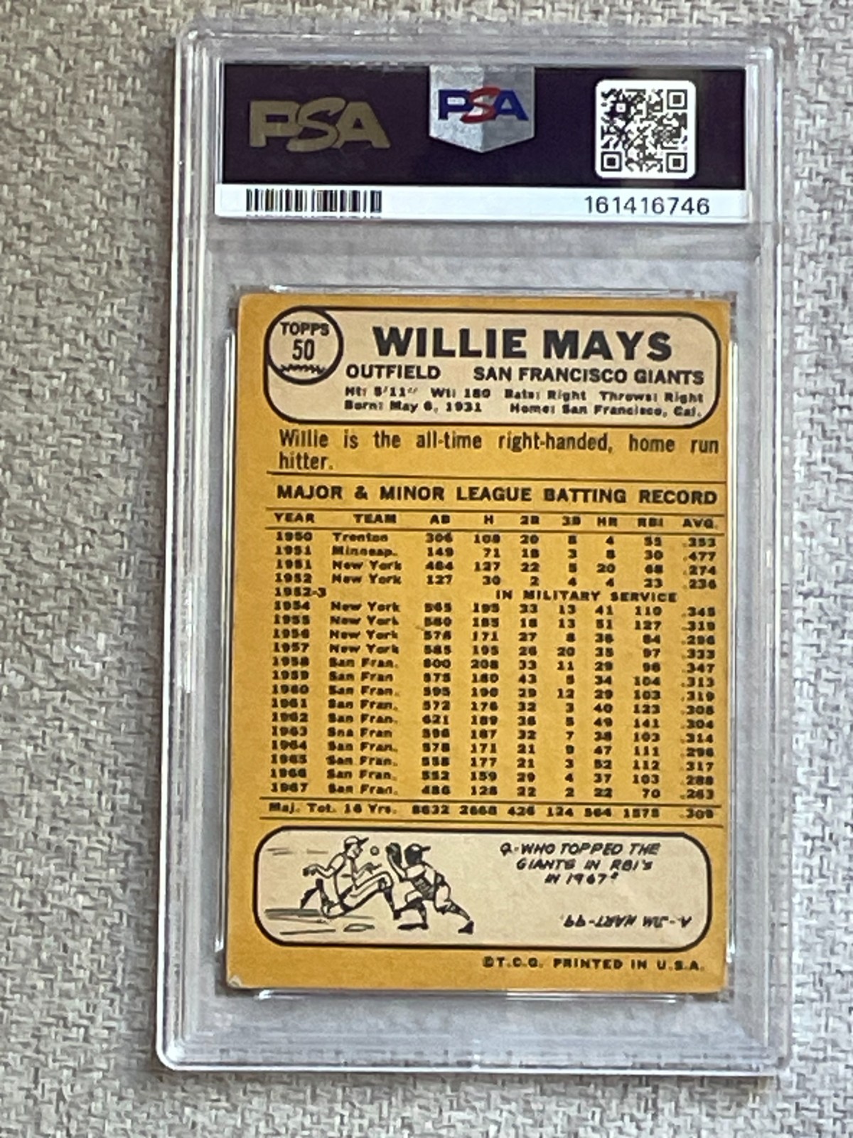 VINTAGE 1968 TOPPS WILLIE MAYS CARD #50 GRADED PSA 2 GOOD GIANTS HOF view 3