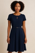 Julio Women’s Size 8 Navy Blue Belted Fit & Flare Dress Short Sleeve Pleated