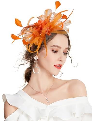 Hats for Women Feather Flower Hair Clip Brooch Wedding Tea 05 Orange Fascinator