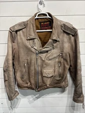 VTG HOT LEATHERS Beige Brown Heavy Leather Biker Motorcycle Coat Jacket Mens 46