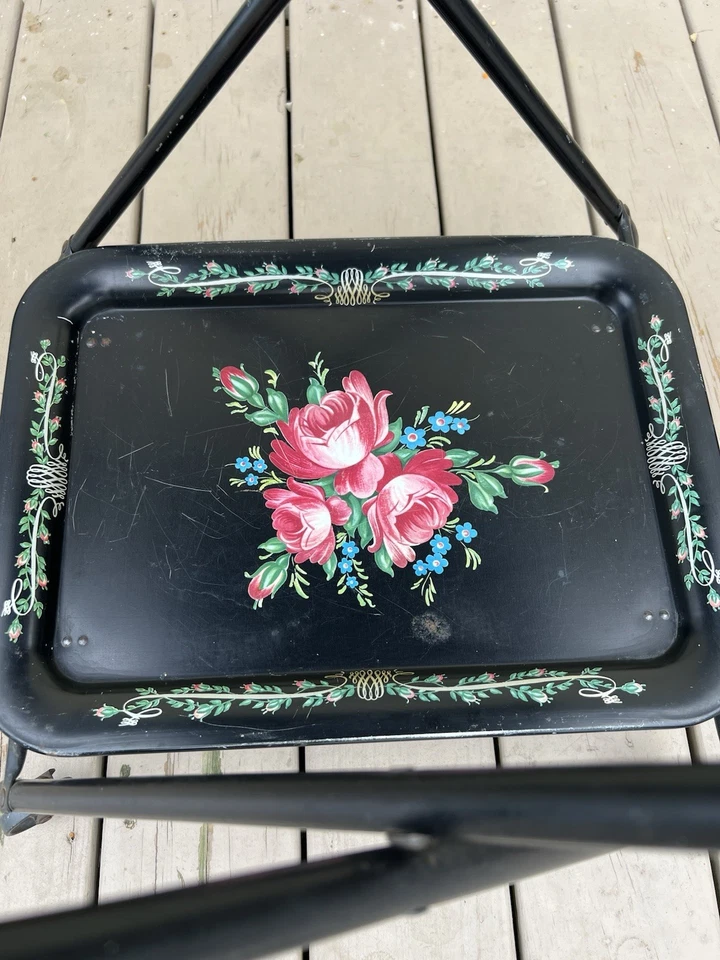 Carrito de servir de metal de colección carrito de té retro años 60 rosas negras plegable Foto 3 de 4