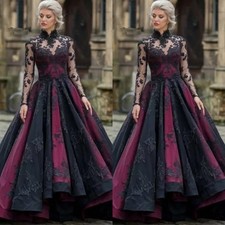 Black Red Gothic Wedding Dresses High Neck Long Sleeves Lace Applique Bride Gown