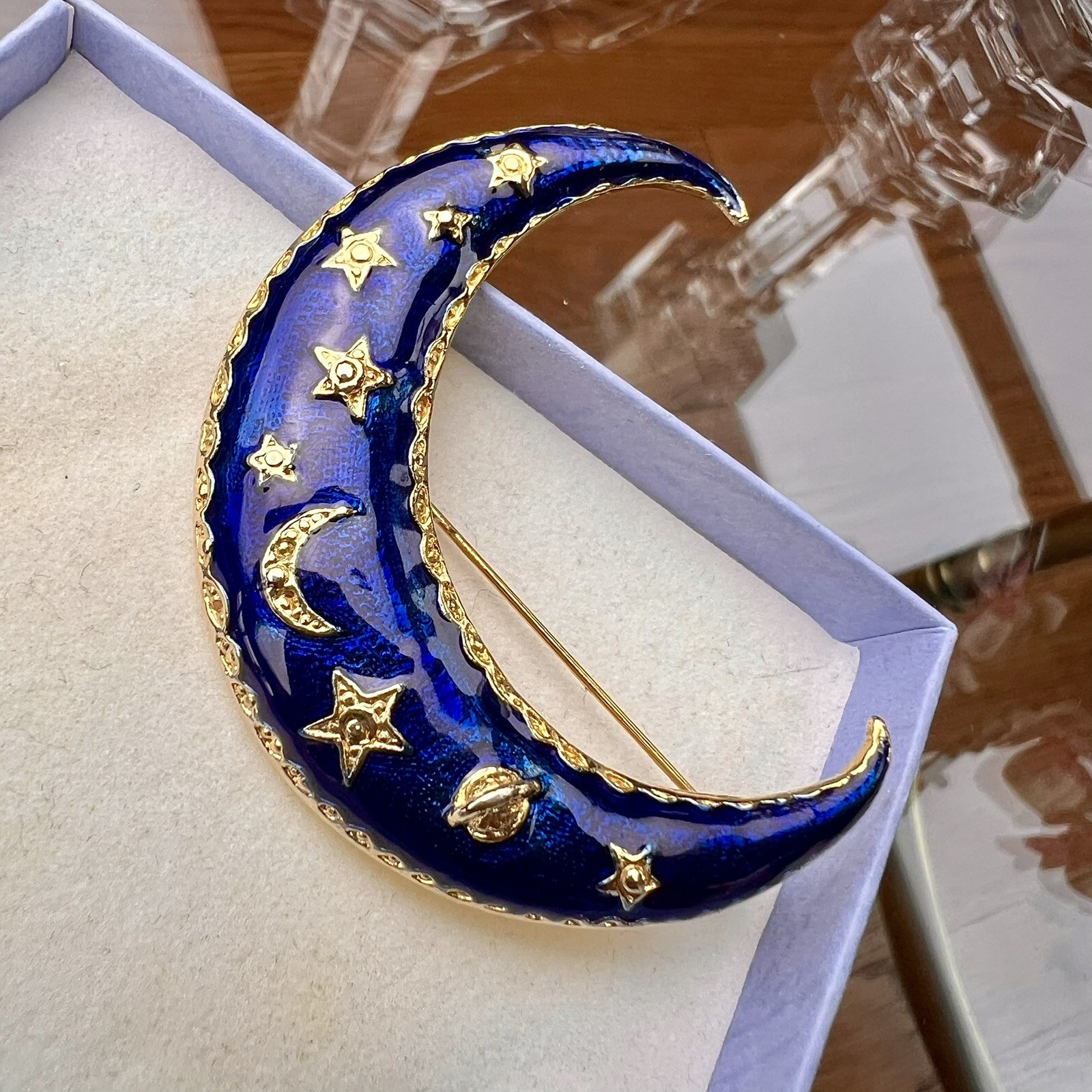 Vintage Celestial Pin Brooch Blue Enamel Crescent Moon Gold Tone Stars 2”