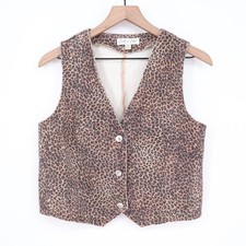 She+Sky Vest Womens Medium Brown Denim Leopard Print Cotton V-Neck Front Button