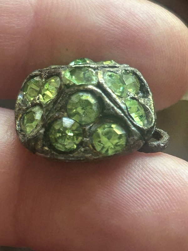 Vintage Antique Metal Button Faceted Green Glass 3/4”