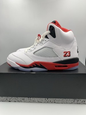 New Nike Air Jordan 5 ''Black Tongue'' Shoes White Fire Red HQ7978-101 Mens 9.5
