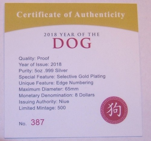 2018 Niue 'Year of the Dog' Selectively-Gold Gilded 5oz Silver Coin #387 - Picture 6 of 10