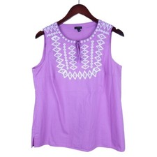 Talbots L Purple White Embroidered Tassel Sleeveless Top Blouse