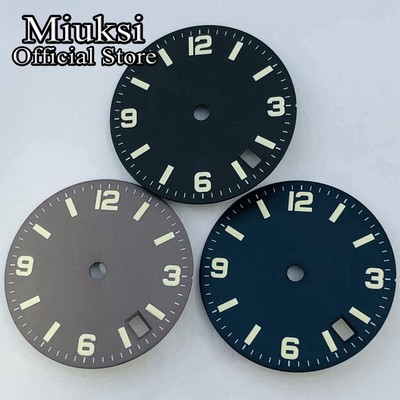 Miuksi 28.5mm black blue gray watch dial luminous 3.8 date fit NH35 movement