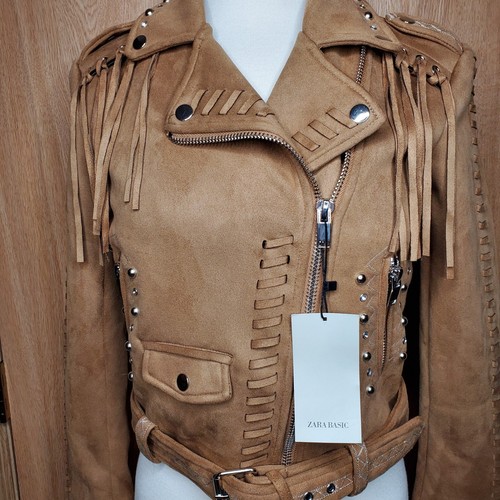 ZARA Basic Tan Camel Faux Suede W/ Fringe Jacket size Small Western Style Jacket - Picture 3 of 5