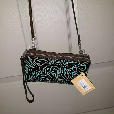 PATRICIA NASH Tool Brown Teal Leather 2 Zip Wallet Wristlet Crossbody Melissana