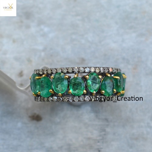 Pave Diamond Eternity Band Ring Emerald Gemstone Jewelry 925 Solid Silver Ring - Picture 2 of 5