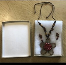 Suede And Wooden Flower Necklace And Earrings