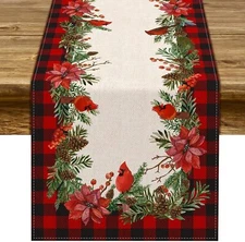 Christmas Cardinal Table Runner Buffalo Plaid Check Poinsettia Holly Xmas Win...