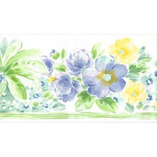 Blue Yellow Rose Pastel Watercolor Floral Flower Palm Tree Wall paper Border 9"