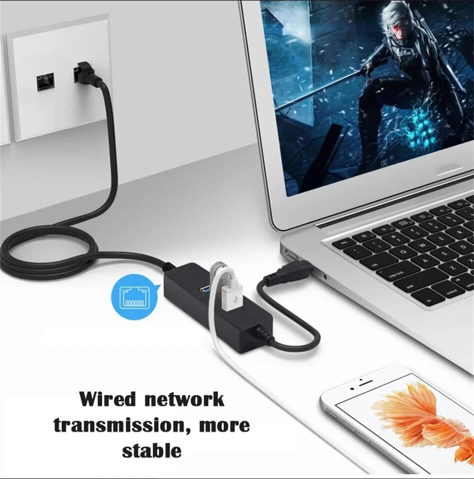 USB 3.0 or Type-C HUB 3 Port with RJ45 Ethernet Adapter 100Mbps to PC MAC Laptop - image 2 of 2