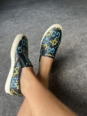 GUCCI Ghost Graffiti GG Star Black Leather Slip On Sneakers Loafers UK  EU 38 UK