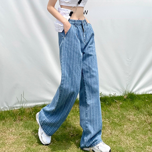 Donna a Righe Jeans Pantaloni Denim Gamba Larga Casual Vita Alta Retrò Chic  | eBay