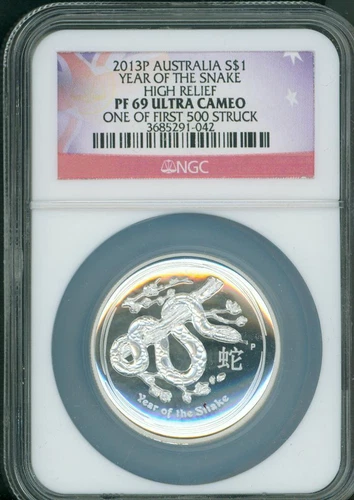 2013-P $1 Australia Lunar SNAKE HIGH RELIEF 1 Oz PROOF Silver Coin NGC PF69 PR69