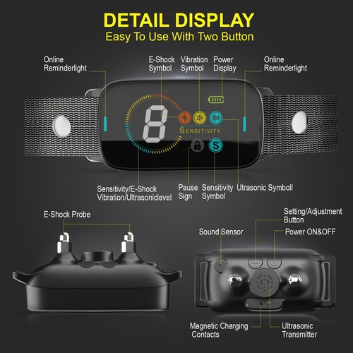 Ultrasonic Color Screen Auto Anti Bark Dog Training Shock Pet No Barking Collar - Picture 2 of 7