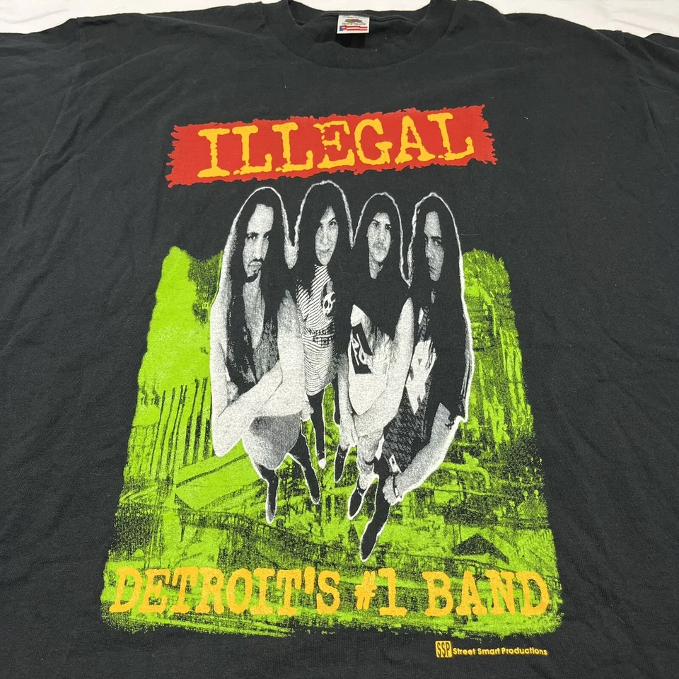 Vintage 90s Band Tee "Illegal" Size XL Single Stitch Cover Band Detroit Music - image 2 of 4