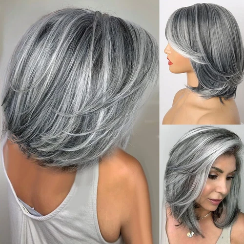 Synthetic Silver Gray Mixed Wavy Short Bob Wigs Shoulder Length for Women Daily 