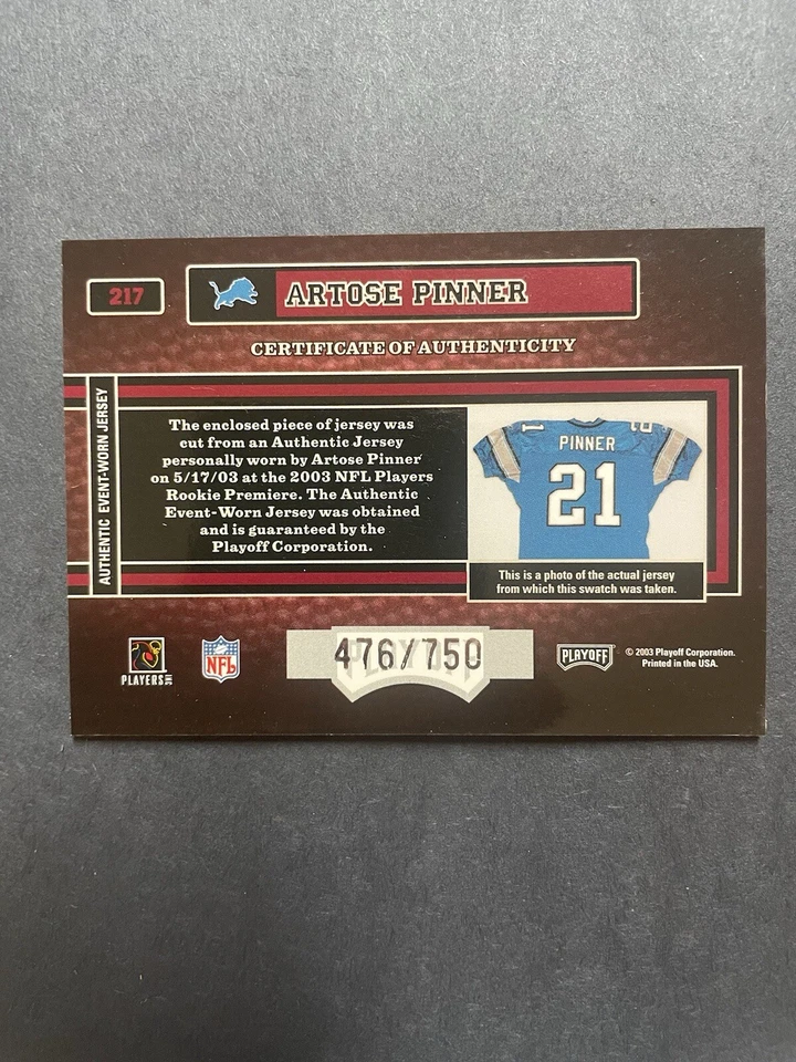 2003 Playoff Hogg Heaven Premiere Hoggs /750 Artose Pinner #217 Rookie RC - Image 2 of 2