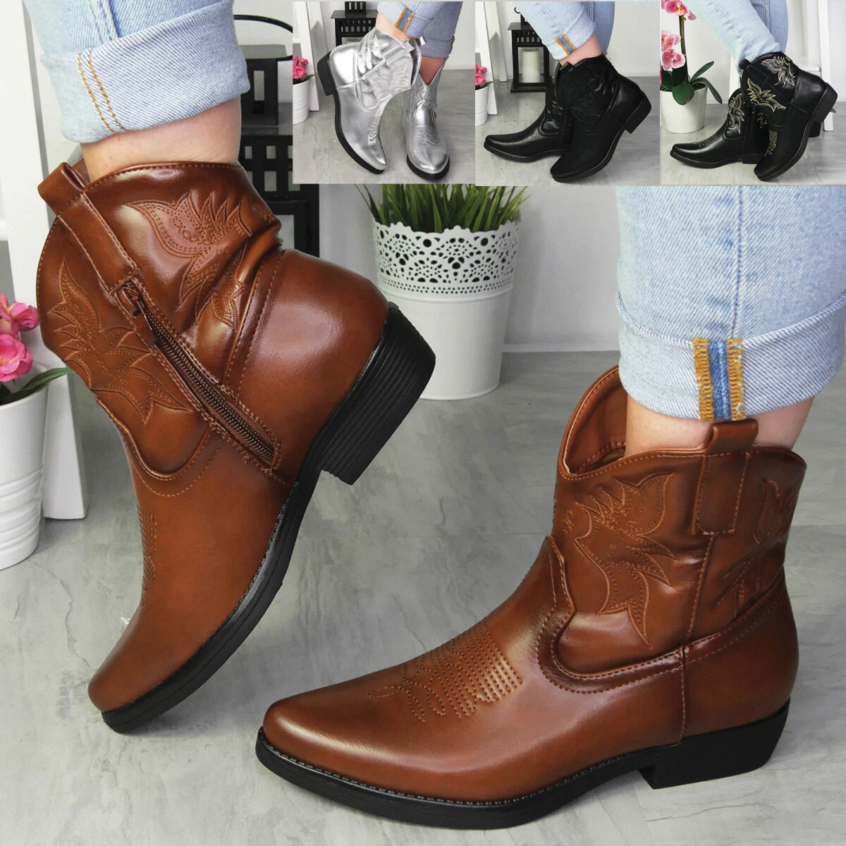 Womens leather cowboy booties sales