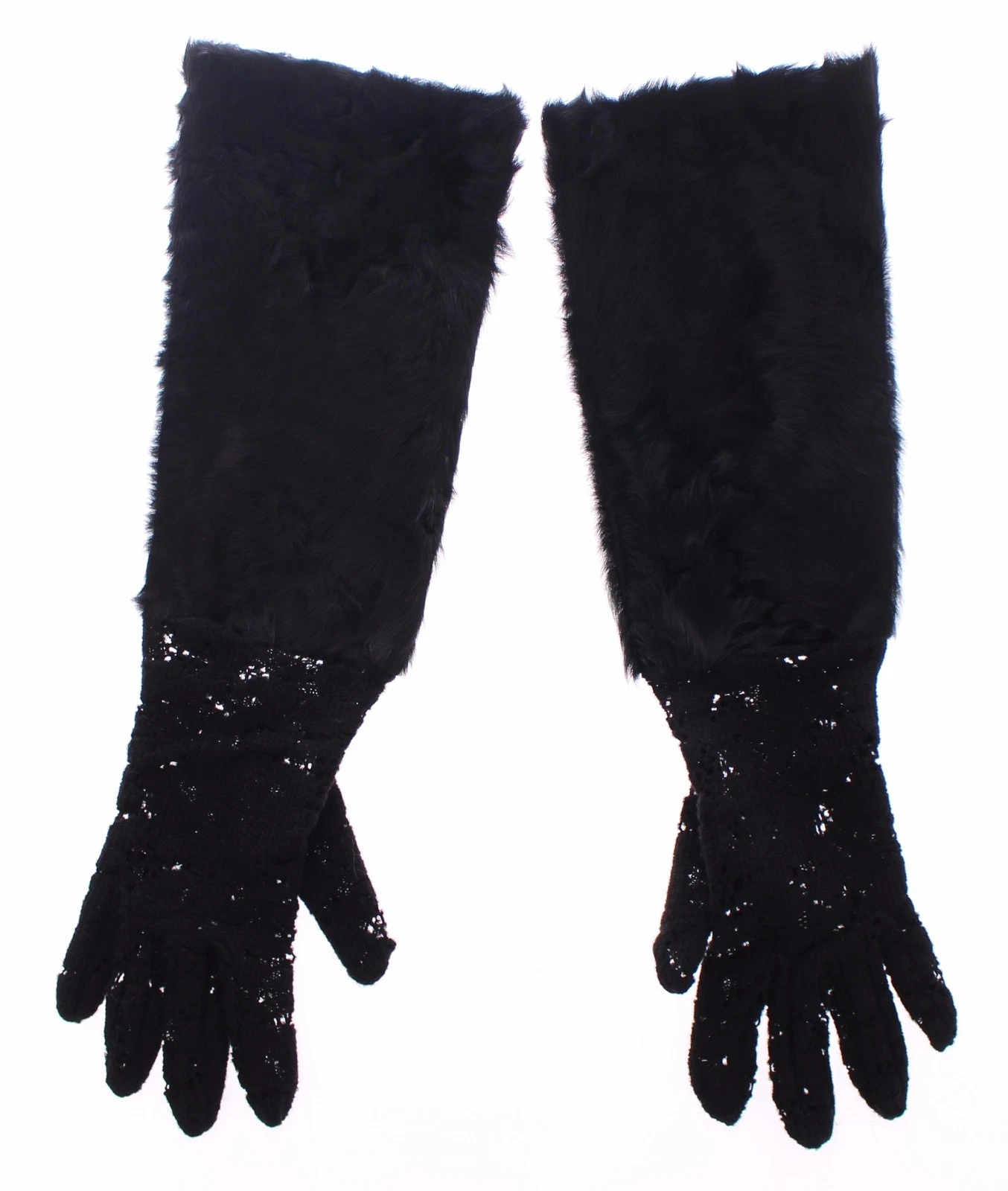 DOLCE & GABBANA Black Lace Wool Lambskin Fur Elbow Gloves s. 7.5 / M RRP $2000