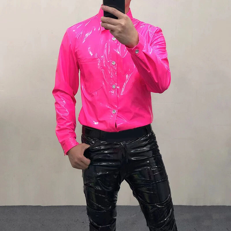Men Shiny Faux Leather Shirt Long Sleeve Tops Blouse Party Showman Costume - Image 3 of 4