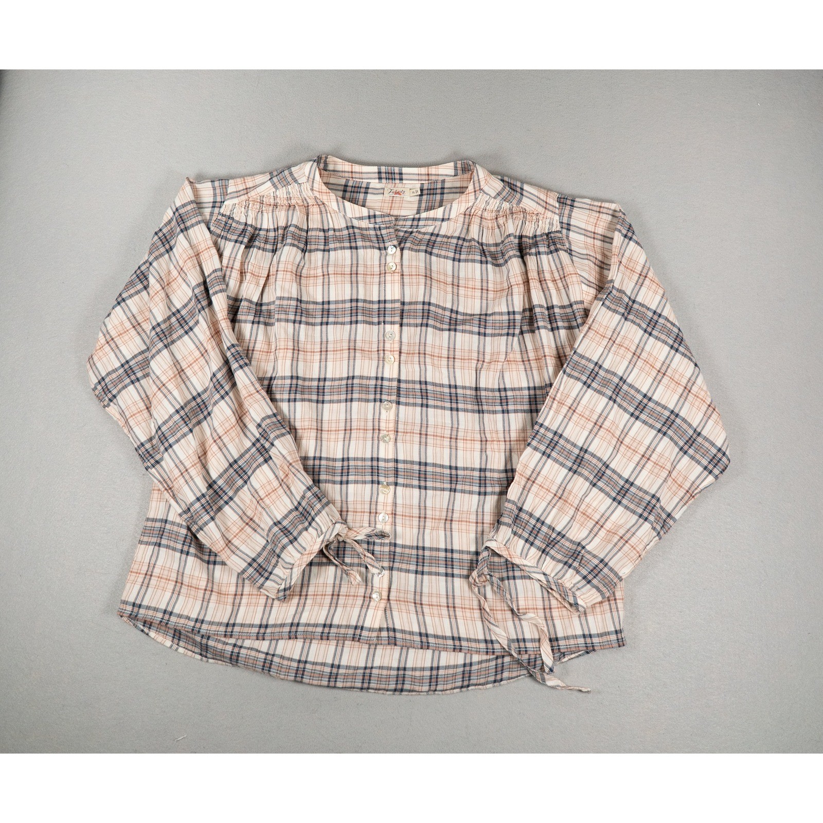 Faherty Womens Plaid Button Front Blouse XL Smocked Shoulder Tie Cuff Cotton