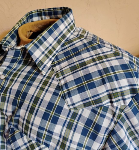VTG 1980's "Saddlebrook Western Wear" Blue/Green/White L/S Shirt made In USA XL - Picture 2 of 11