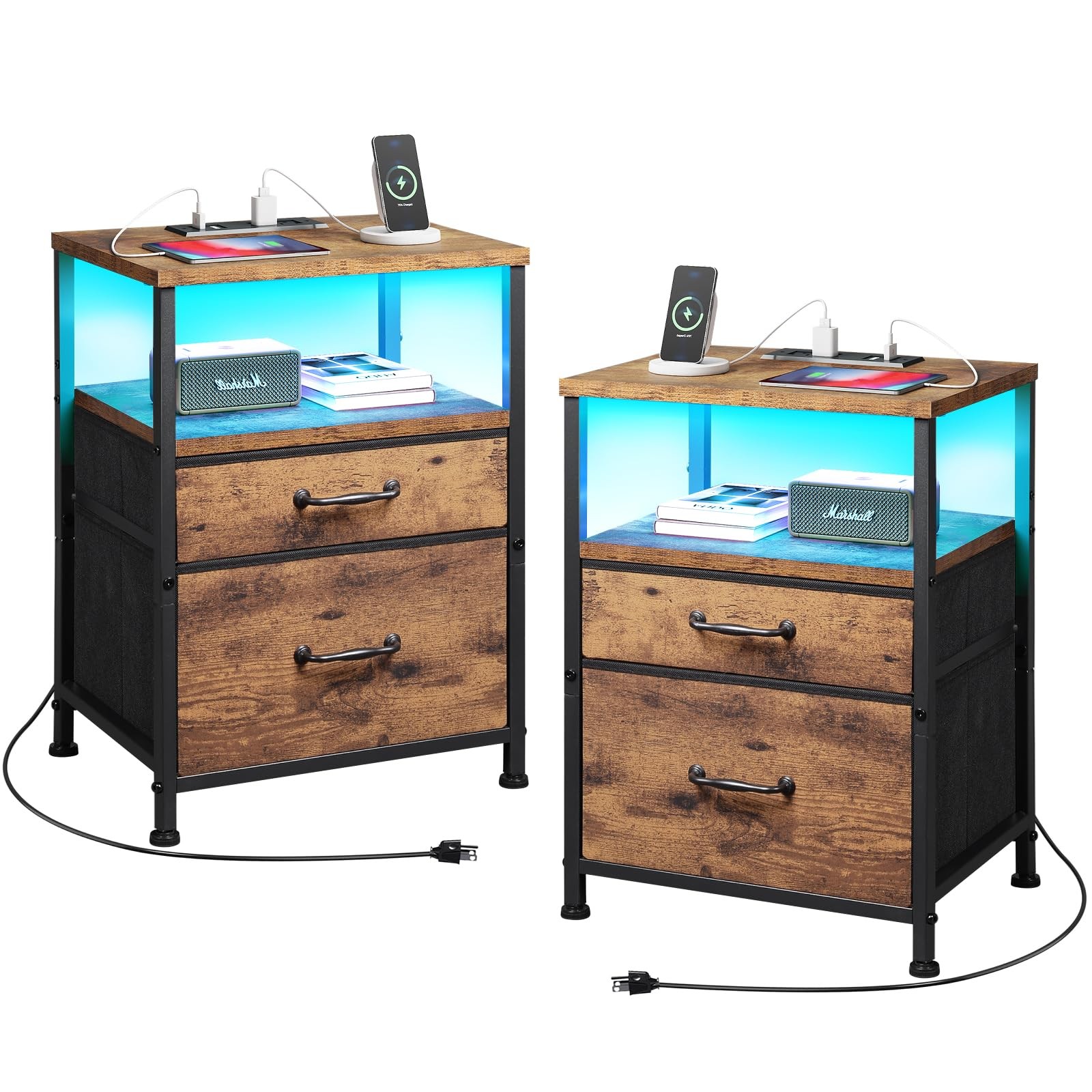 Nightstand Set of 2 with LED Charging Station & Fabric Drawers for Bedroom Storage-image