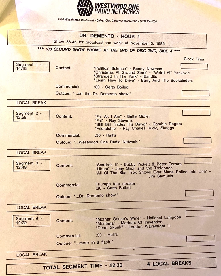 11/3/86  #86-45 DR DEMENTO EARLY 70's & STAR TREK: JIM SAMUELS, NATIONAL LAMPOON - Image 2 of 2