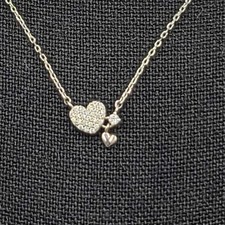 Silver Tone Heart Pendant Necklace CZ Stone Dangle Hearts Chain Dainty 16"-18"