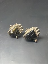 Vintage Carved Tiger Eye Aztec Face Mask Screw Back Sterling Silver Earrings