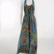 Charles Henry Size 2 Boho Geometric Mosaic Halter Open Back Maxi Blue Dress