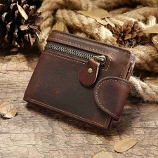Retro Men Wallet Genuine Leather RFID Blocking Bifold with Zipper Coin Pocket