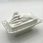 Milk Glass Lidded Trinket Dish Hand and Bird Lid Lattice Base Patented 1889
