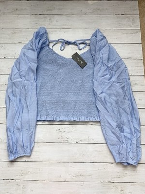 City Chic Womens Size L Blue Crop Top Puff Sleeve Cottagecore Coquette NWT