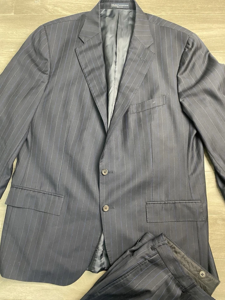 Polo por Ralph Lauren Hecho en Italia 2 Botones Rayas Lana Traje 46 R Pantalones 38x30 Foto 3 de 4