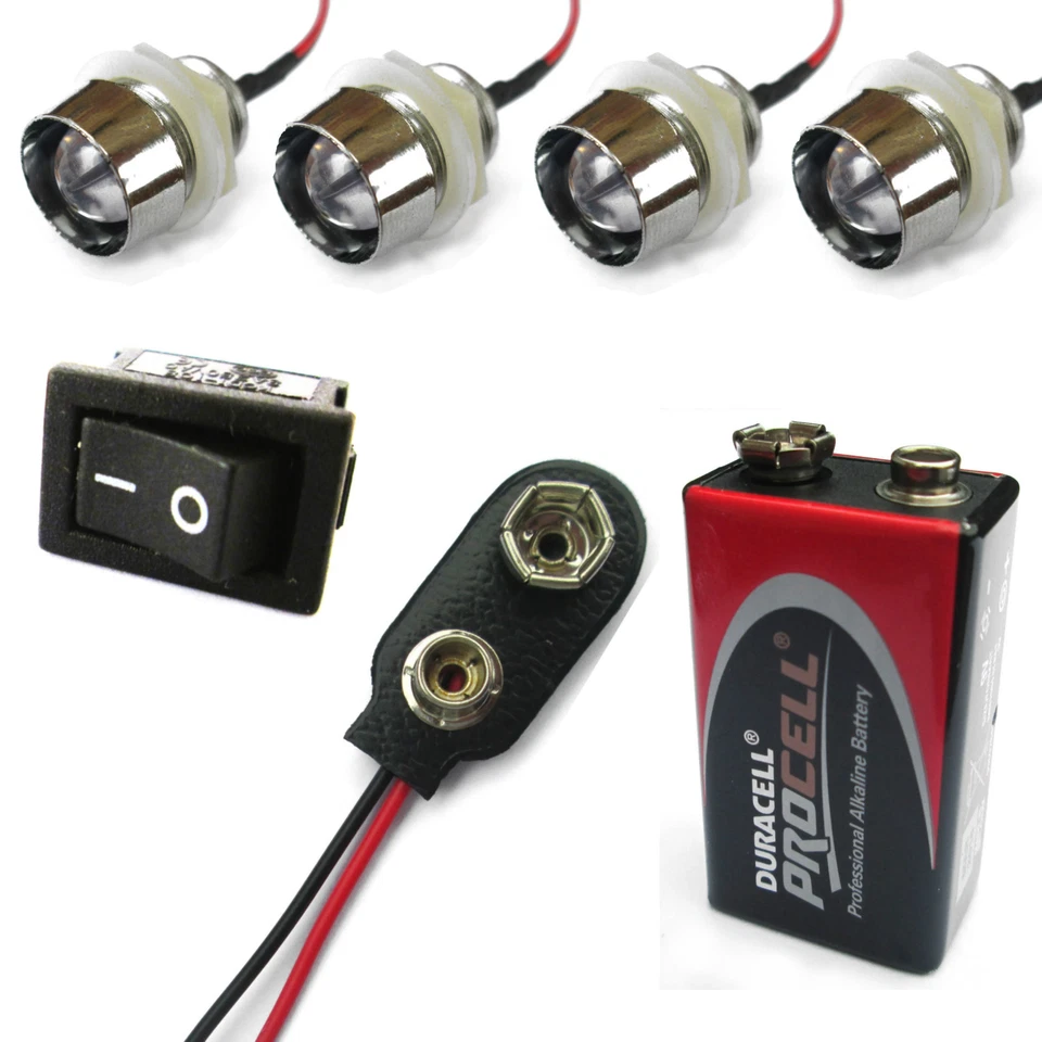 4x All Colour Combinations R/C Car Buggy Truck 10mm LED + PP3 Battery Kit