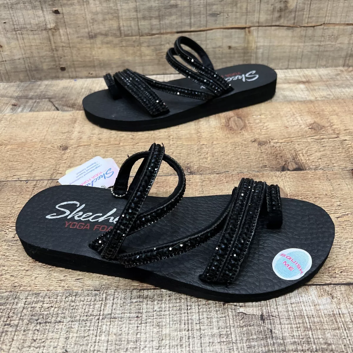 Skechers Yoga Foam Vegan Sparkle Black Womens Sandals Comfort Size 7 NWT