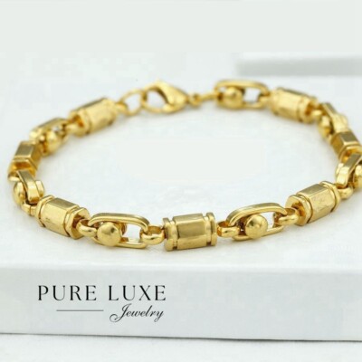 Men's 8.5'' Stainless Steel 6mm,Hexagon Bar Chain Bracelet*Gold plated*BOX
