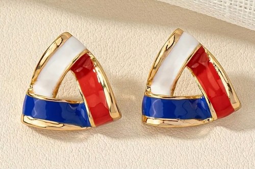 Patriotic Red White &Blue Enamel Stud Earrings Triangle July 4 Independence Day. - Picture 8 of 24